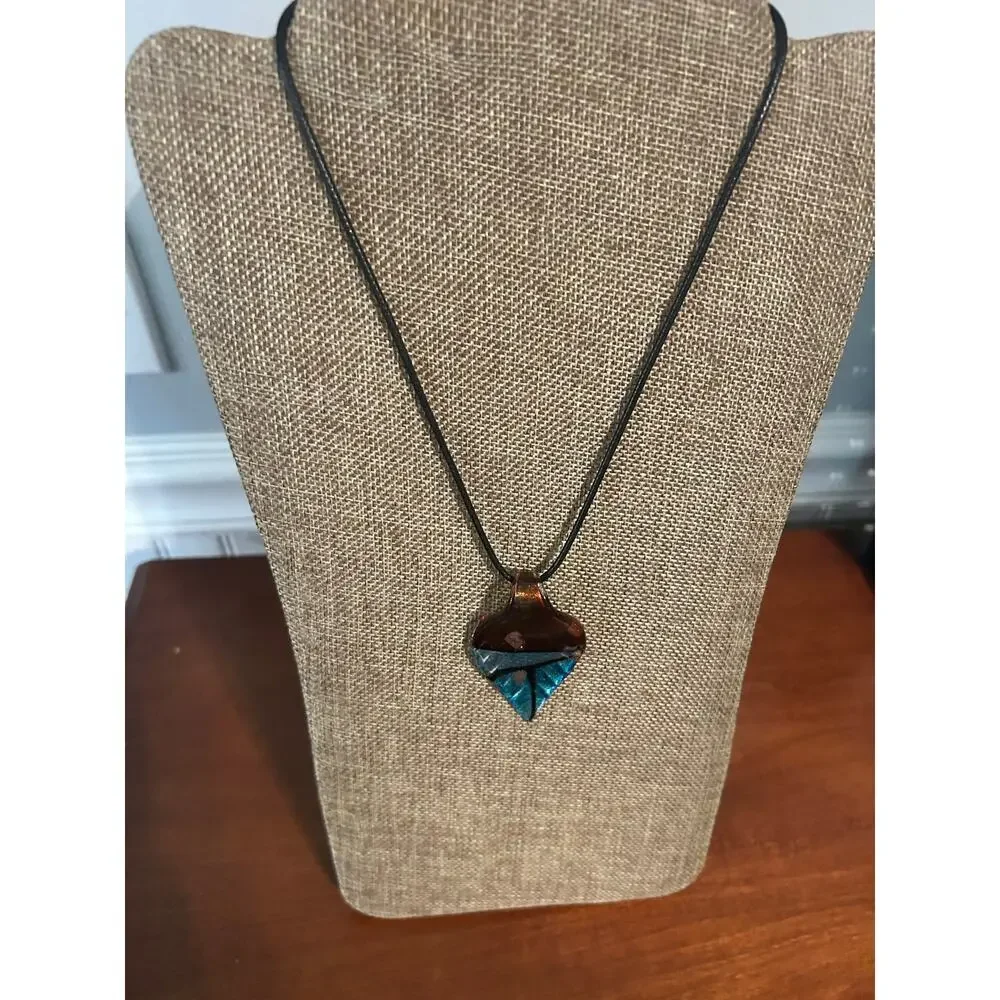 Art Glass Teardrop Pendant Necklace Blue Amber Swirl Black Cord Unisex